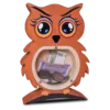 Wooden owl piggy bank with coins and currency inside.