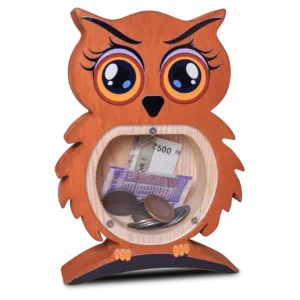 Wooden owl piggy bank with coins and currency inside.