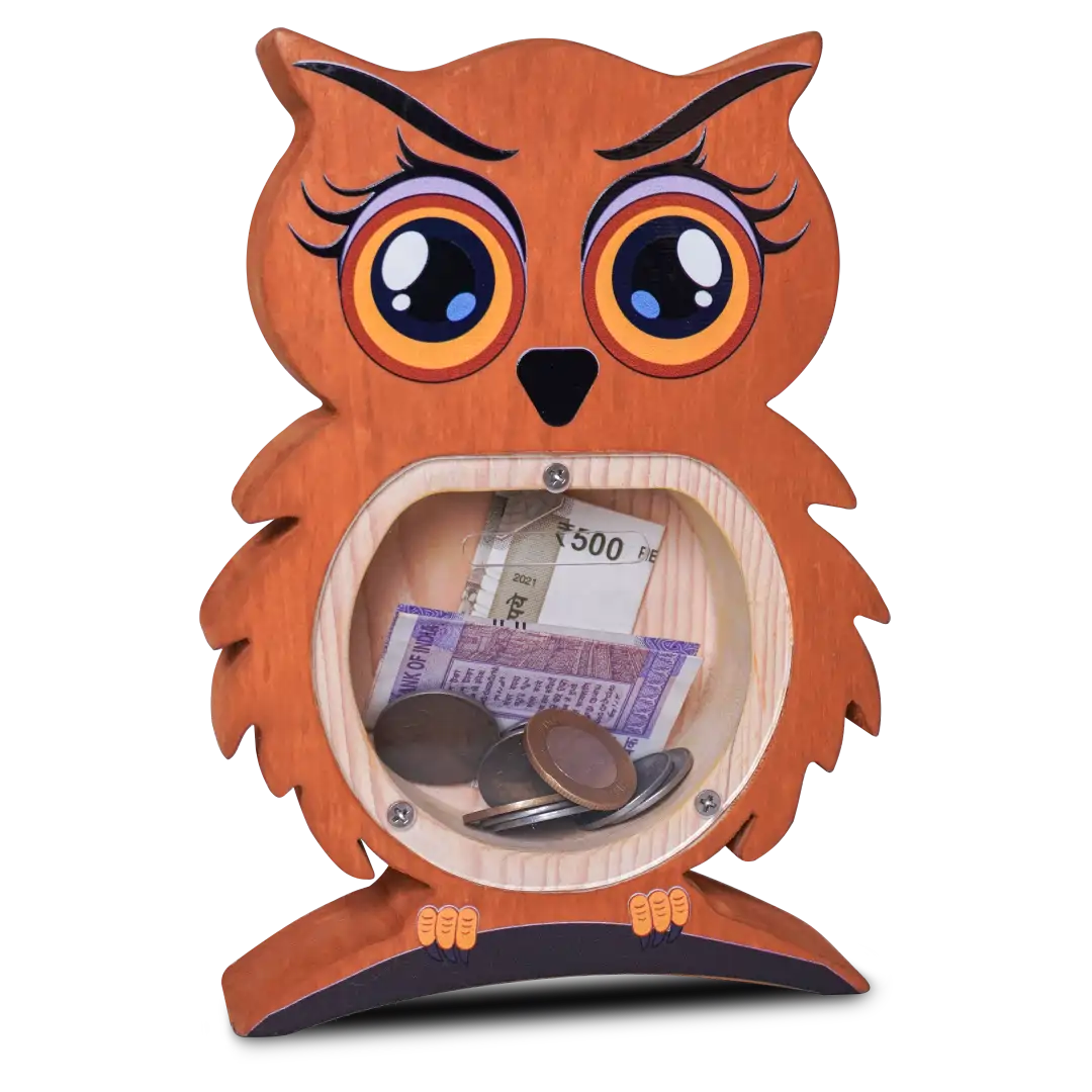 owl Wooden owl piggy bank with coins and currency inside.