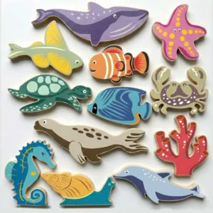 Wooden sea animal toys set.
