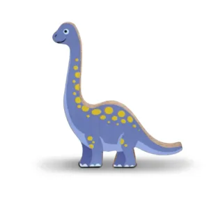 A light blue wooden Brachiosaurus dinosaur toy with yellow spots from Brown Curves.