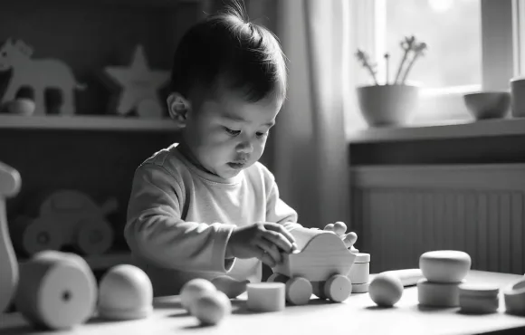 Toddler playing with wooden toy.