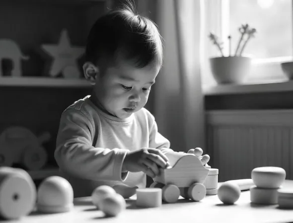 Toddler playing with wooden toy.
