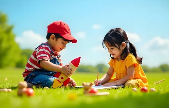 Children playing and drawing outdoors.