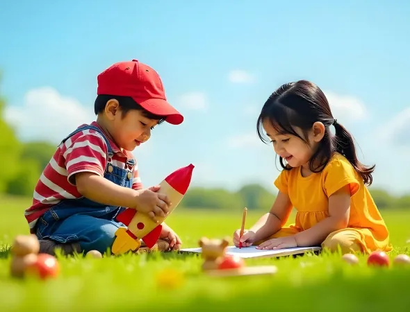 Children playing and drawing outdoors.