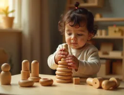 Toddler stacking wooden rings.