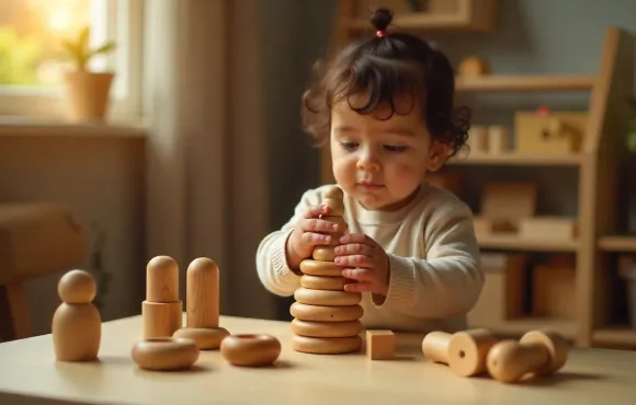 Toddler stacking wooden rings.