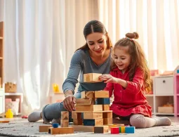 Mother and child playing with wooden blocks.