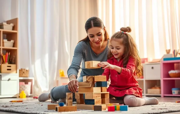 Mother and child playing with wooden blocks.
