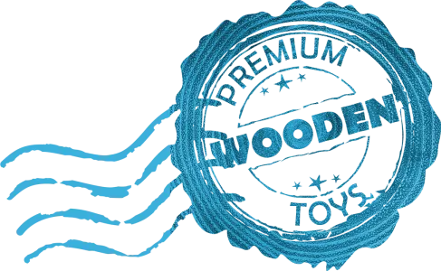 Blue textured postage mark for premium quality wooden toys.